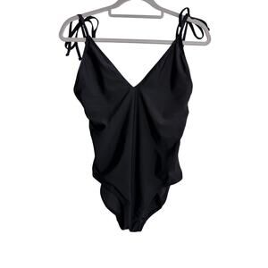 Aerie One Piece Full Coverage Swimsuit M Solid Black Tie Shoulder V Neck Maillot